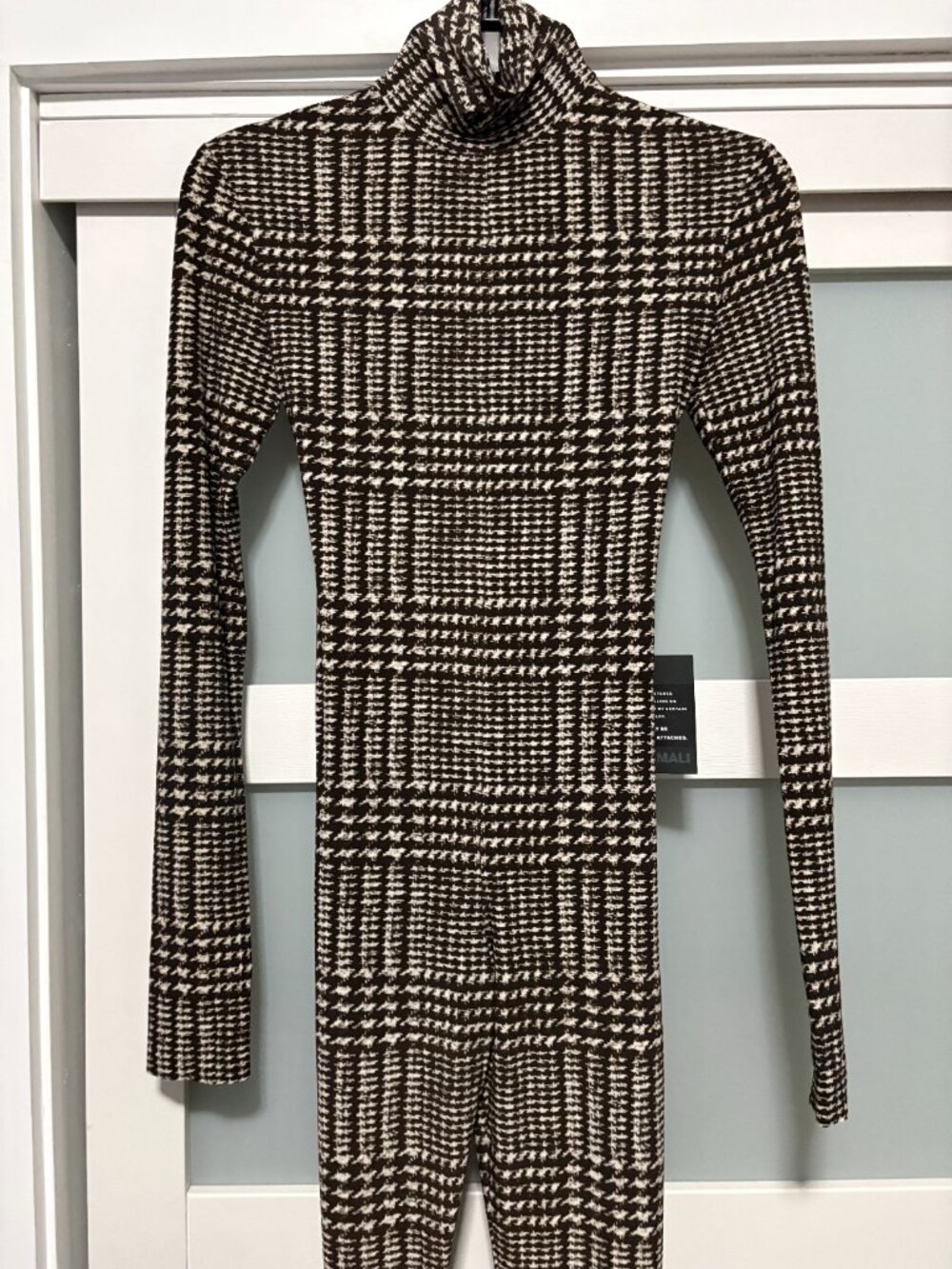 Norma Kamali Choc Glenn Plaid Tweed Catsuit Footsie Open Back Leotard sz XXS NWT - Picture 4 of 6